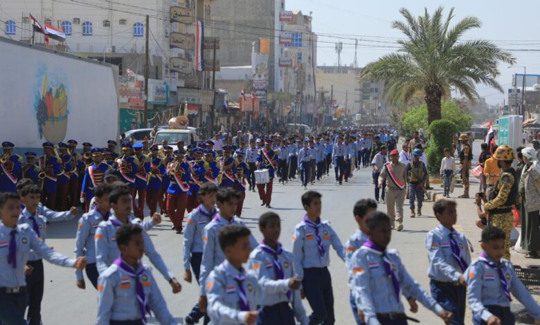 Scout teams and military bands parade through Marib, celebrating the national holidays of September, October, and November.