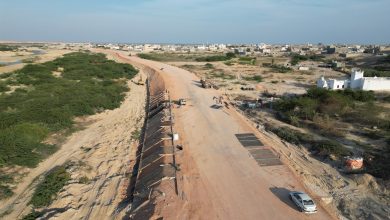 Side protection work continues on the truck-only ring road in Al-Ghaydah city.