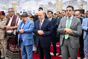 The Chairman of the Presidential Leadership Council leads Eid al-Fitr prayers in Aden, welcoming citizens and dignitaries.