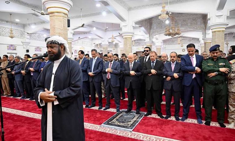The Chairman of the Presidential Leadership Council leads Eid al-Adha prayers in Aden alongside a large congregation.